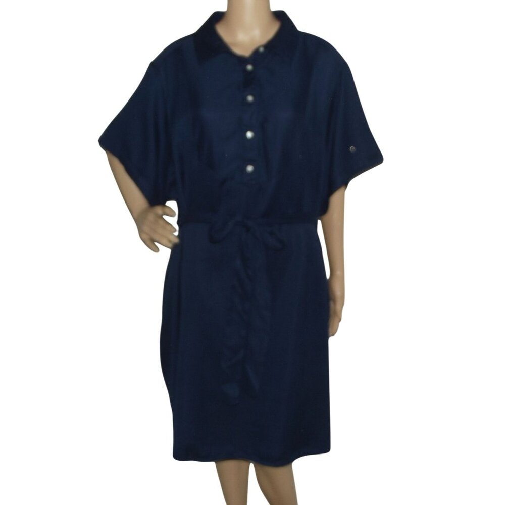 St. Johns Bay Shirtdress Womens 3X Navy Blue Button Belt Collared Short Sleeves